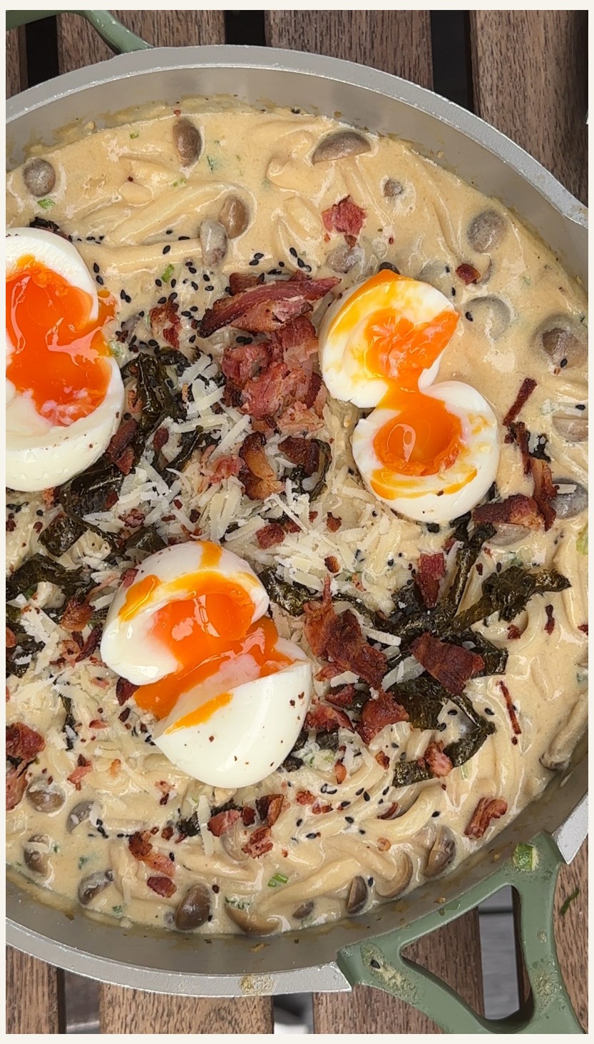 Mushroom Udon Carbonara with Crispy Bacon
