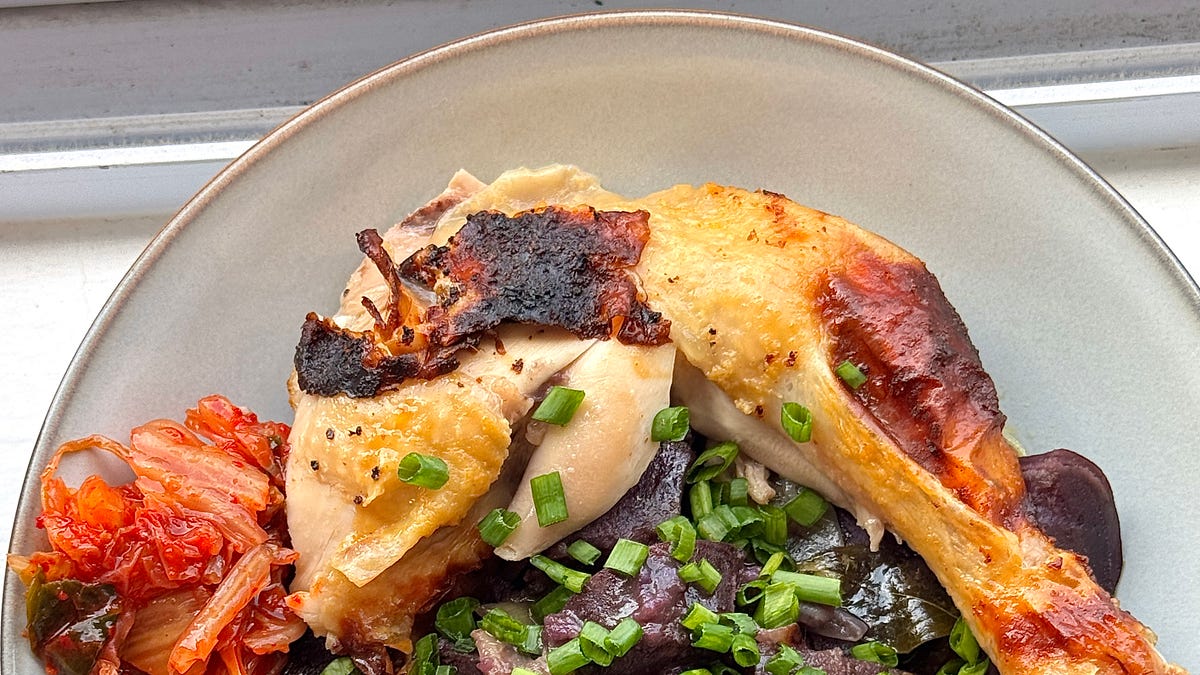 Miso Butter Chicken with Purple Sweet Potato, Leeks + Kimchi